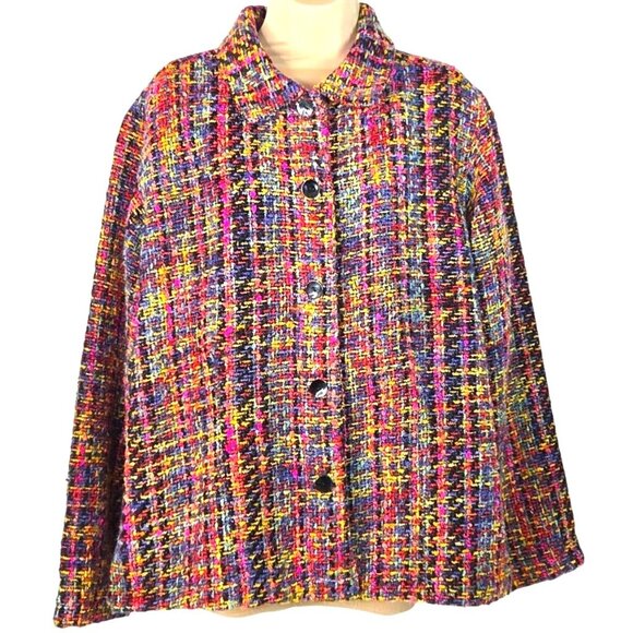 Chicos Multicolor Chenille Tweed Button-Front Jacket Size 16 Bright Warm Classic - Picture 1 of 7